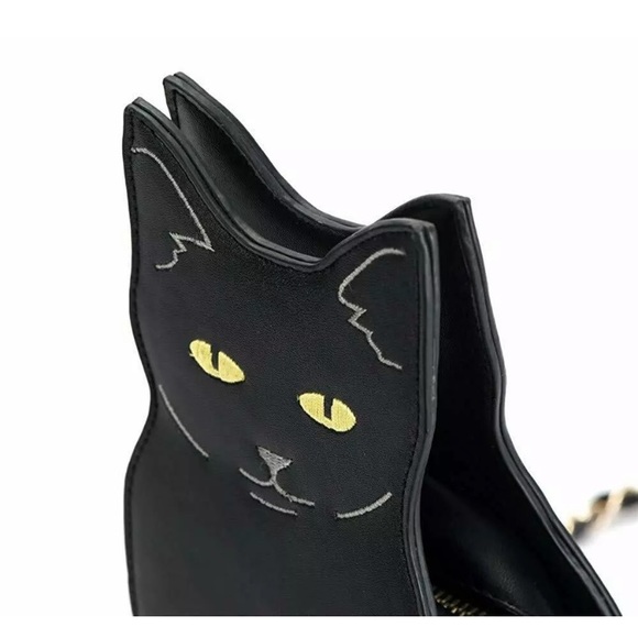 Black cat kitty crossbody purse gold chain kitten - Picture 11 of 13
